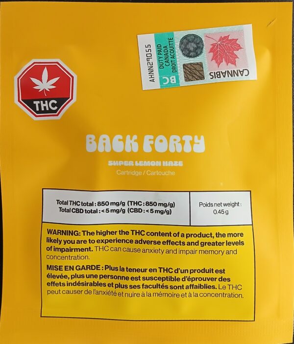 BACK FORTY - SUPER LEMON HAZE SATIVA CARTIDGE - 0.45 GRAM
