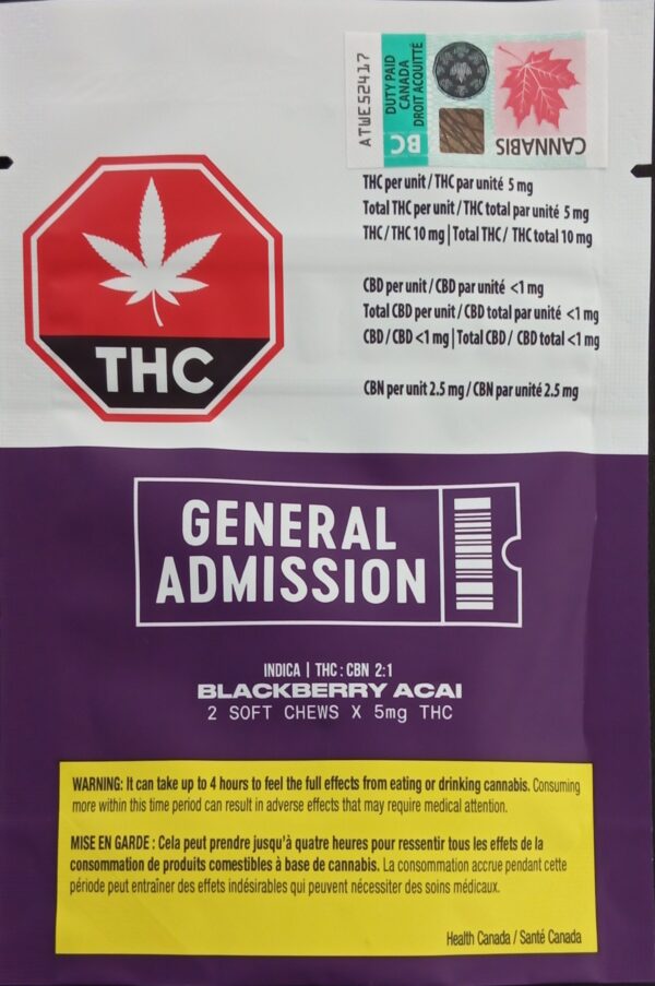 GENERAL ADMISSION - BLACKBERRY ACAI THC:CBN SOFT CHEWS - 16 GRAM