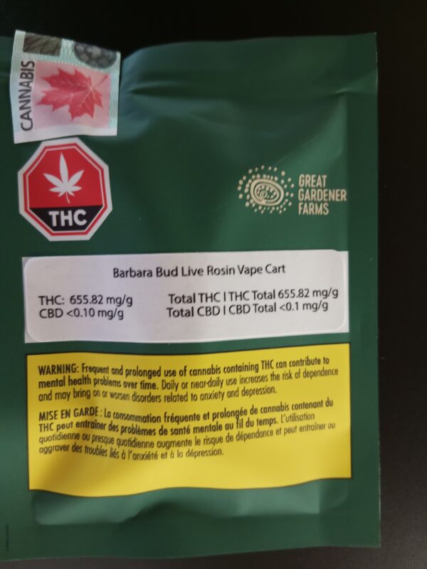 GREAT GARDENER FARMS - BARBARA BUD-LIVE ROSIN VAPE CARTRIDGE-1G - 1 GRAM