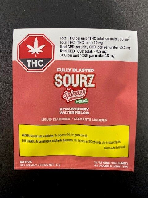 SOURZ BY SPINACH - FULLY BLASTED STRAWBERRY WATERMELON CBG:THC CHEWS - 5 GRAM