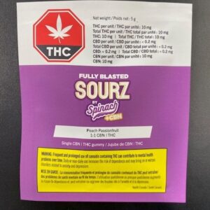 SOURZ BY SPINACH - FULLY BLASTED PEACH PASSIONFRUIT 1:1 CBN:THC CHEWS - 5 GRAM