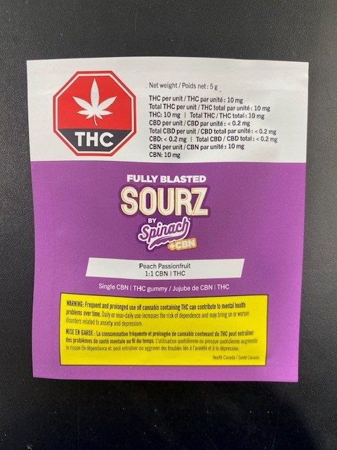 SOURZ BY SPINACH - FULLY BLASTED PEACH PASSIONFRUIT 1:1 CBN:THC CHEWS - 5 GRAM