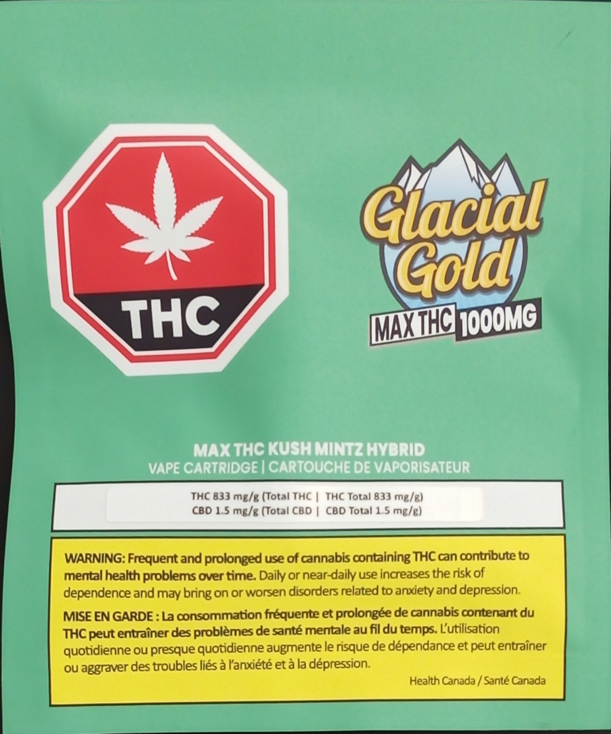 GLACIAL GOLD - MAX THC KUSH MINTZ HYBRID VAPE - 1.2 GRAM