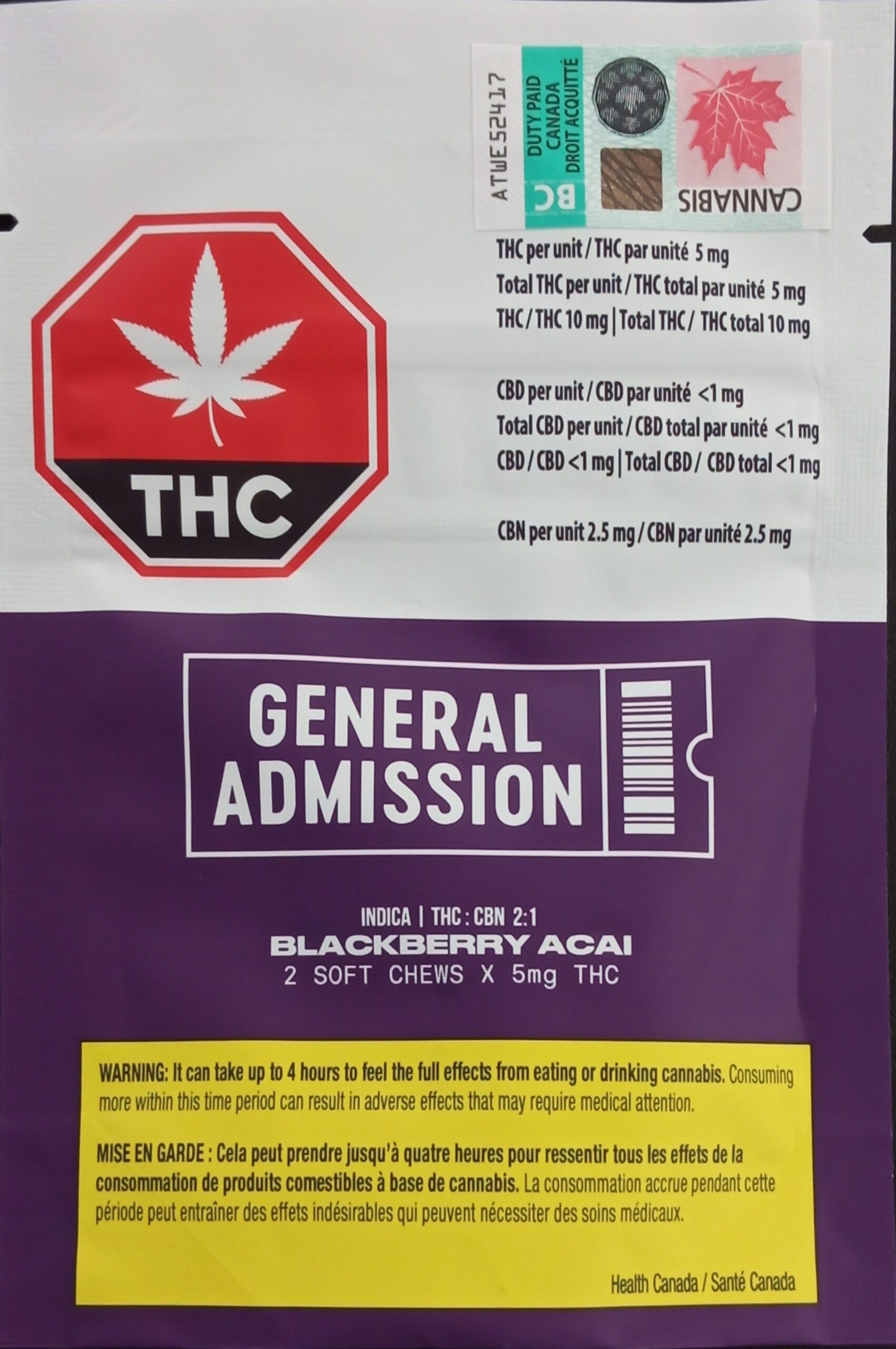 GENERAL ADMISSION - BLACKBERRY ACAI THC:CBN SOFT CHEWS - 16 GRAM